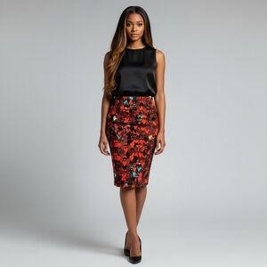 LuLaRoe Cassie Red and Black Geometric Stretch Knit Pull On Bodycon Pencil Skirt